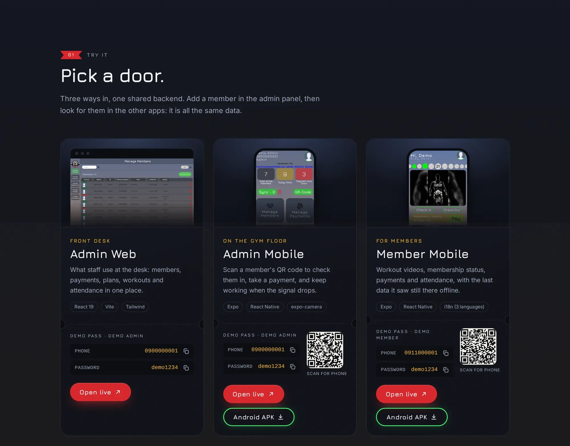 “Pick a door”: cards for the admin web app, the admin mobile app and the member app, each with demo logins and an Open live button