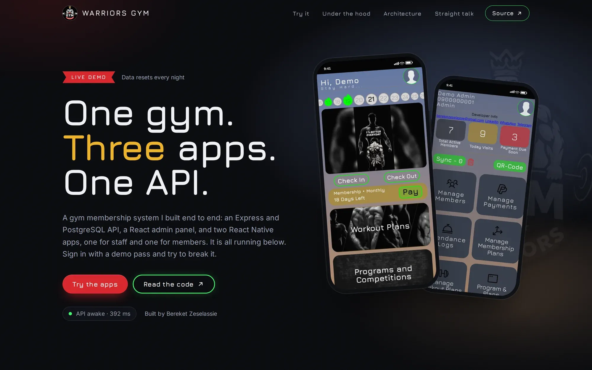 The Warriors Gym landing page, with the headline “One gym. Three apps. One API.” next to phone mockups of the member and admin apps