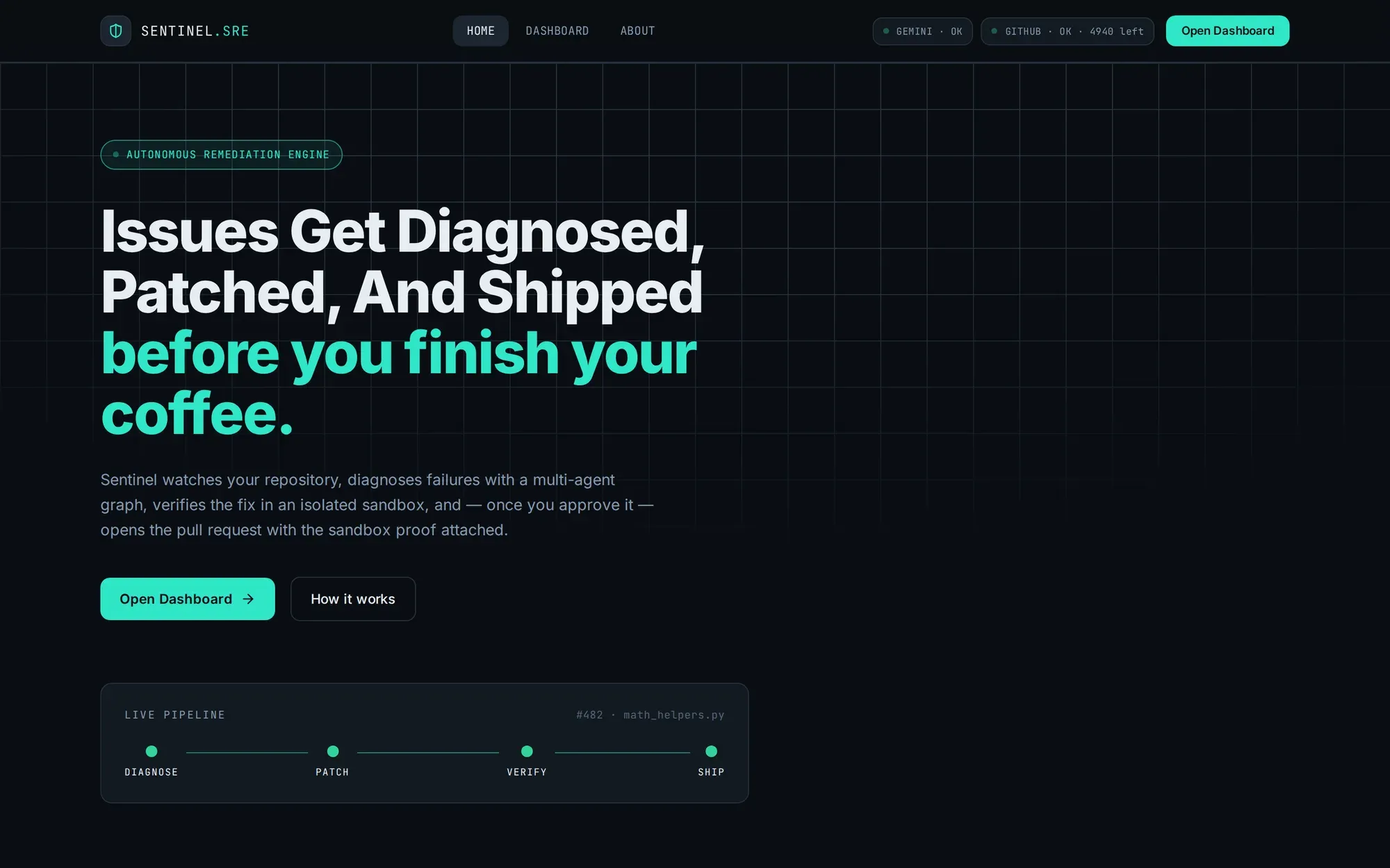 The Sentinel SRE landing page: “Issues get diagnosed, patched, and shipped before you finish your coffee”, with a live pipeline of diagnose, patch, verify and ship steps